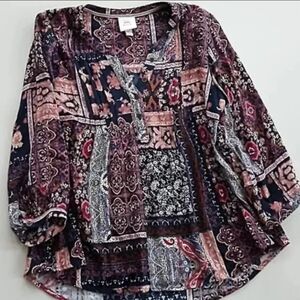 Knox Rose Boho Top Navy Floral Multi color Print 3/4 Sleeve Small
